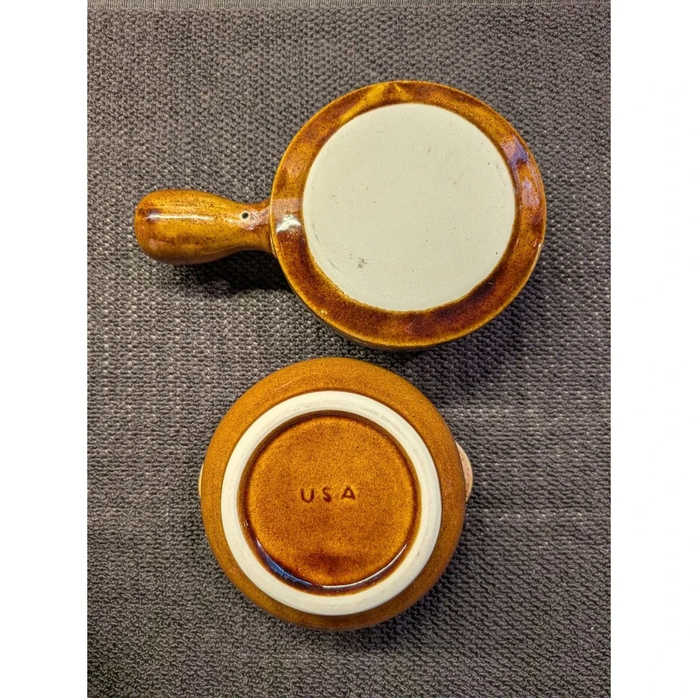Vintage Mid-Century Stoneware Soup Bowls‎ Brown Drip Glaze Set USA